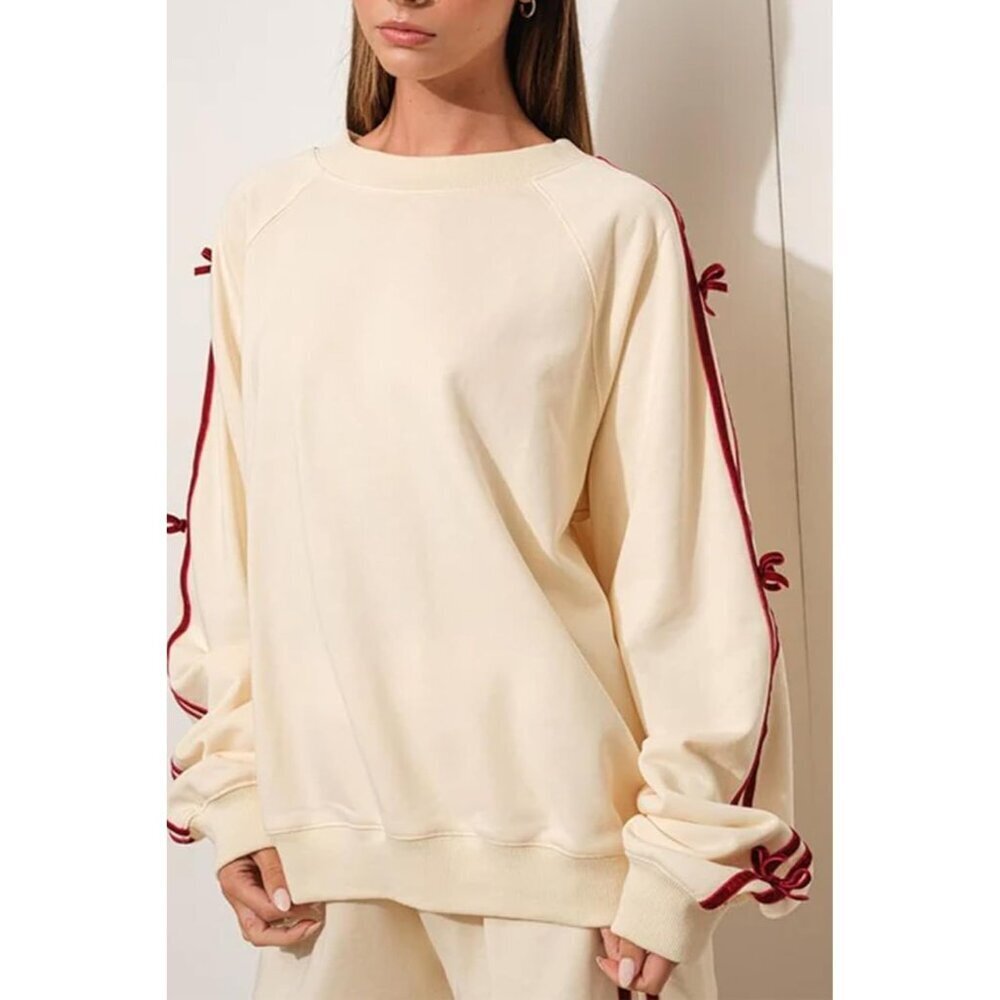 Women's Velvet Bow Sweater Cotton Blend Large Loose Crew Neck Vintage - Picture 5 of 5
